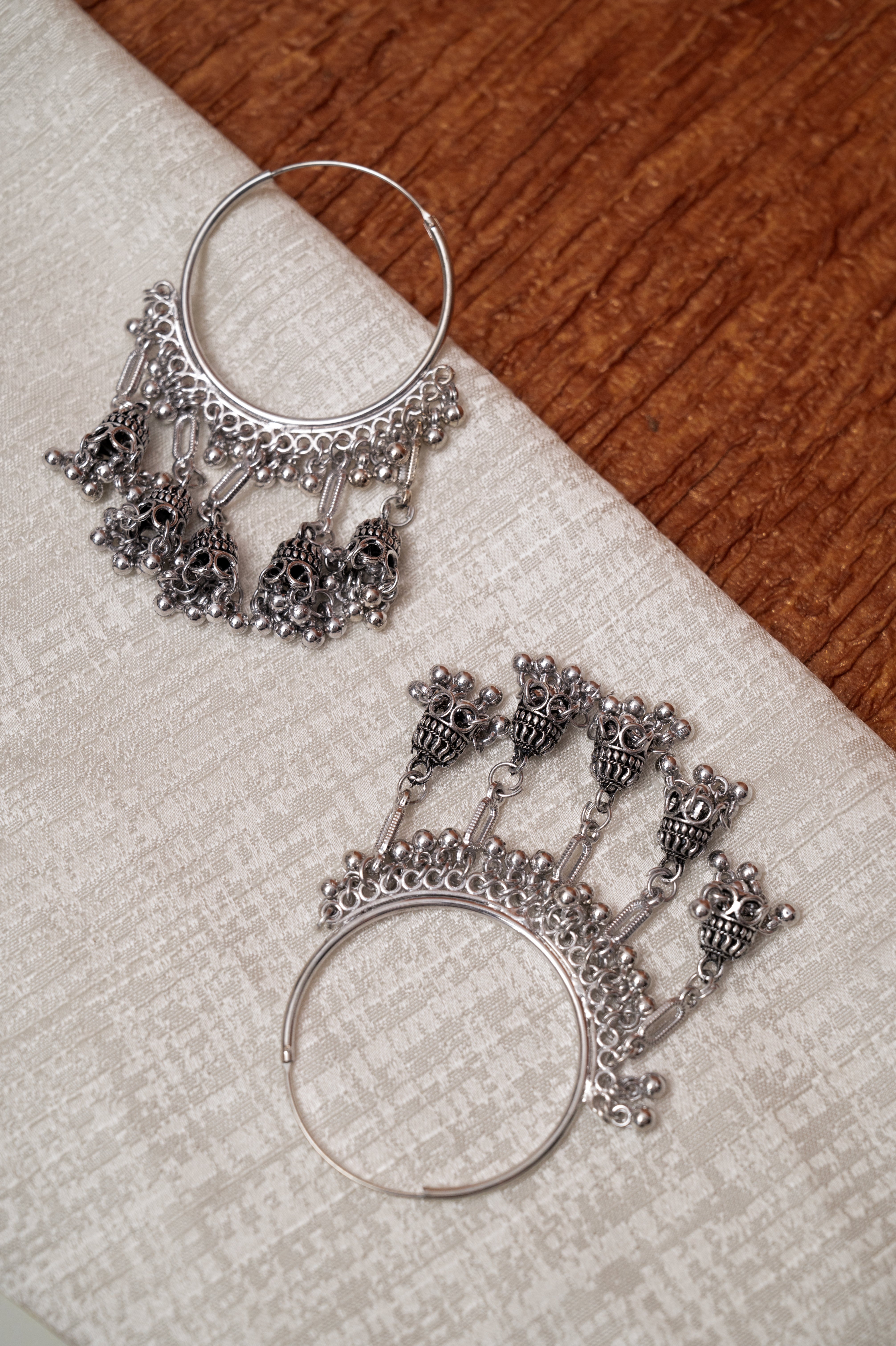Oxidized Silver Multi-Jhumka Hoop Earrings