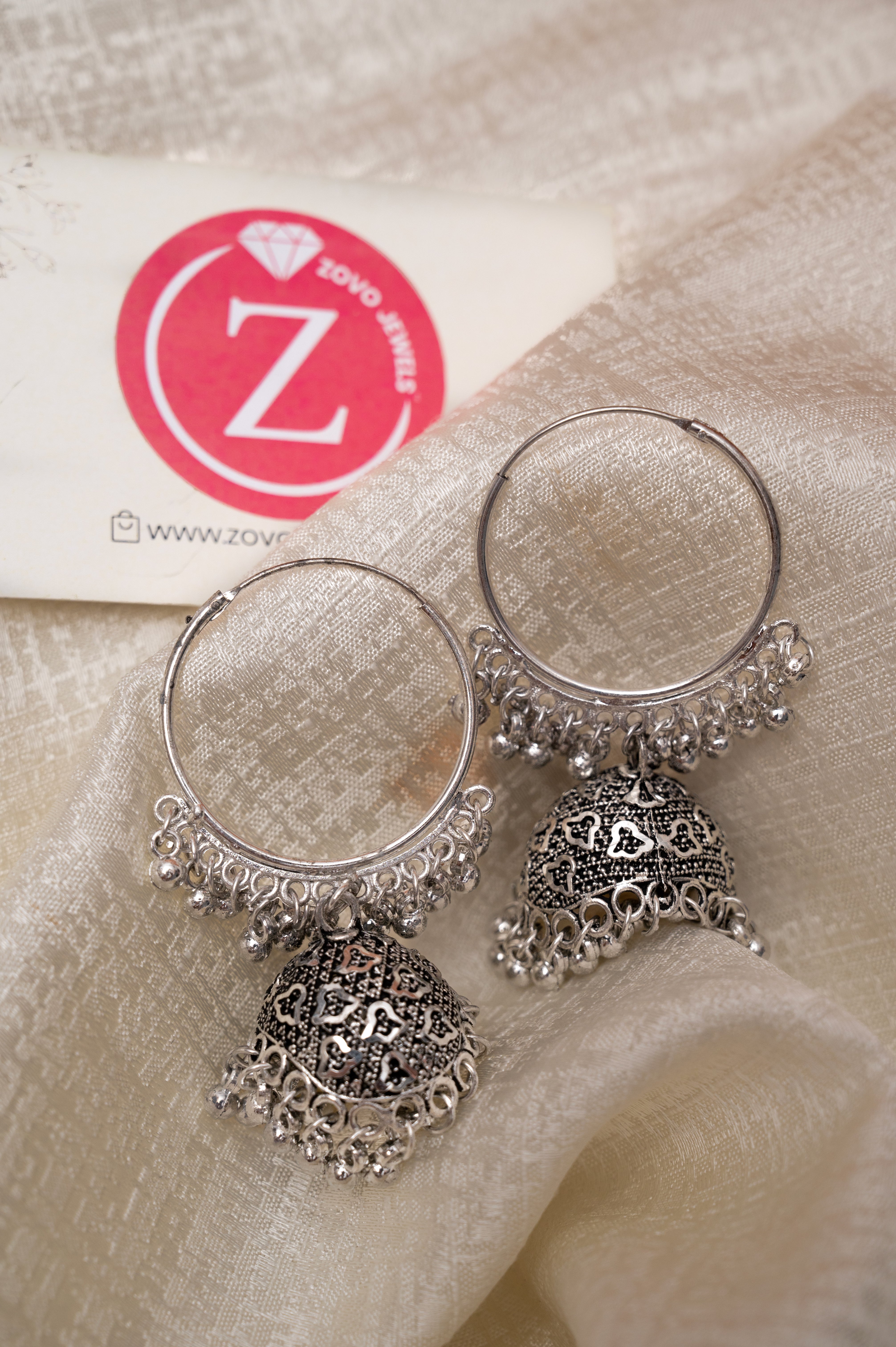 Oxidized Silver Dome Jhumka Hoop Earrings