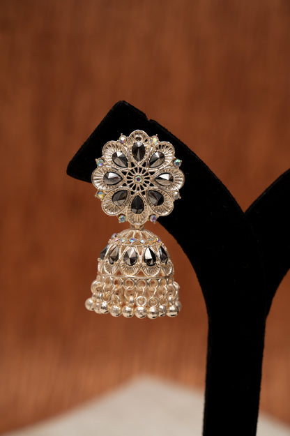 Rose Gold With Black Stone Jhumka Earrings