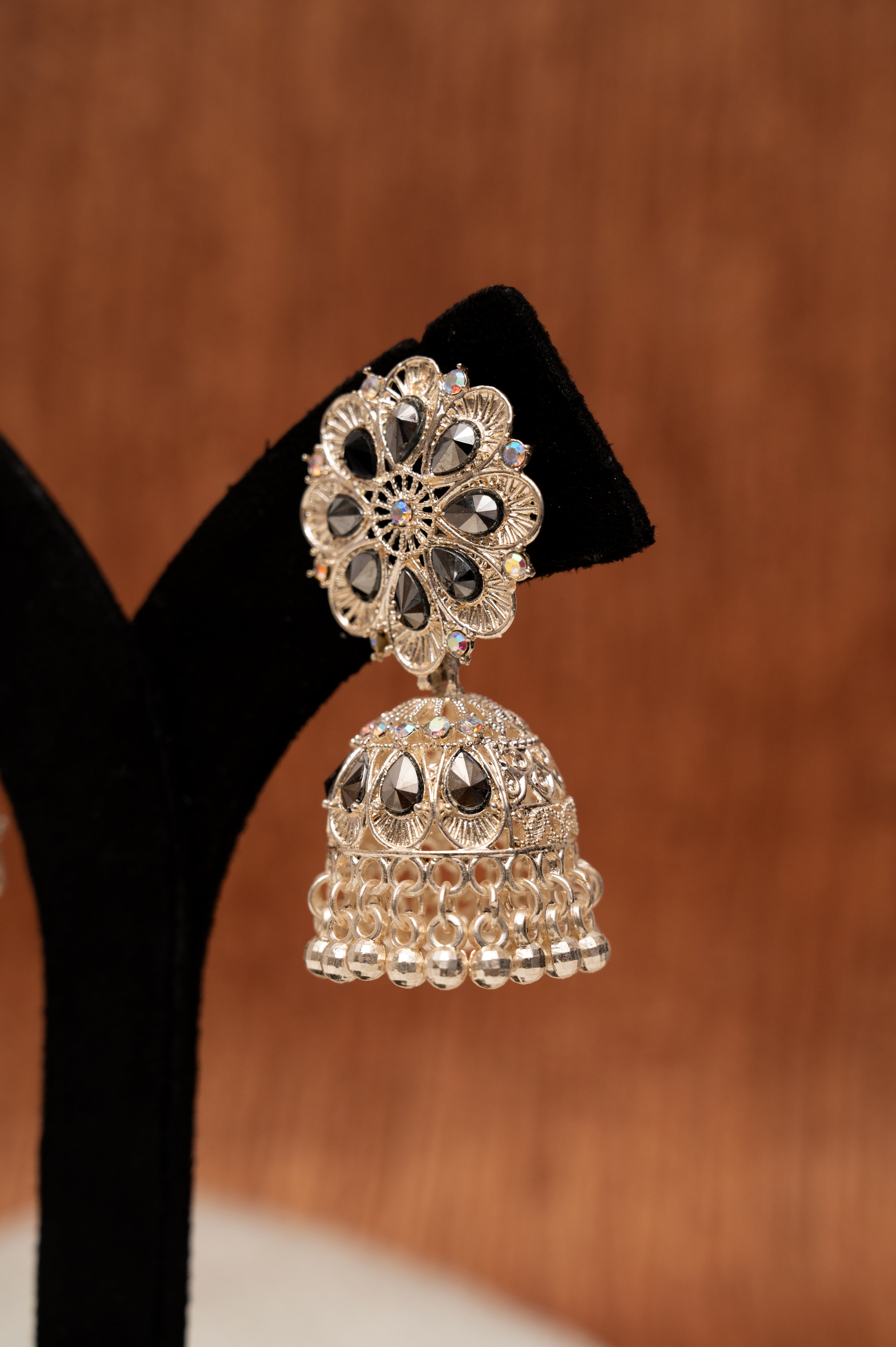 Rose Gold With Black Stone Jhumka Earrings