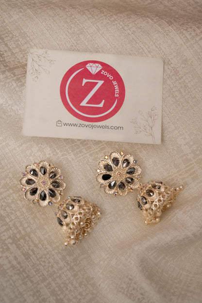 Rose Gold With Black Stone Jhumka Earrings