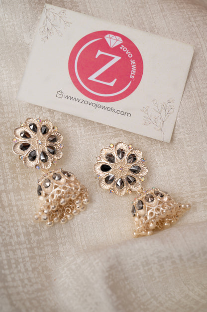 Rose Gold With Black Stone Jhumka Earrings