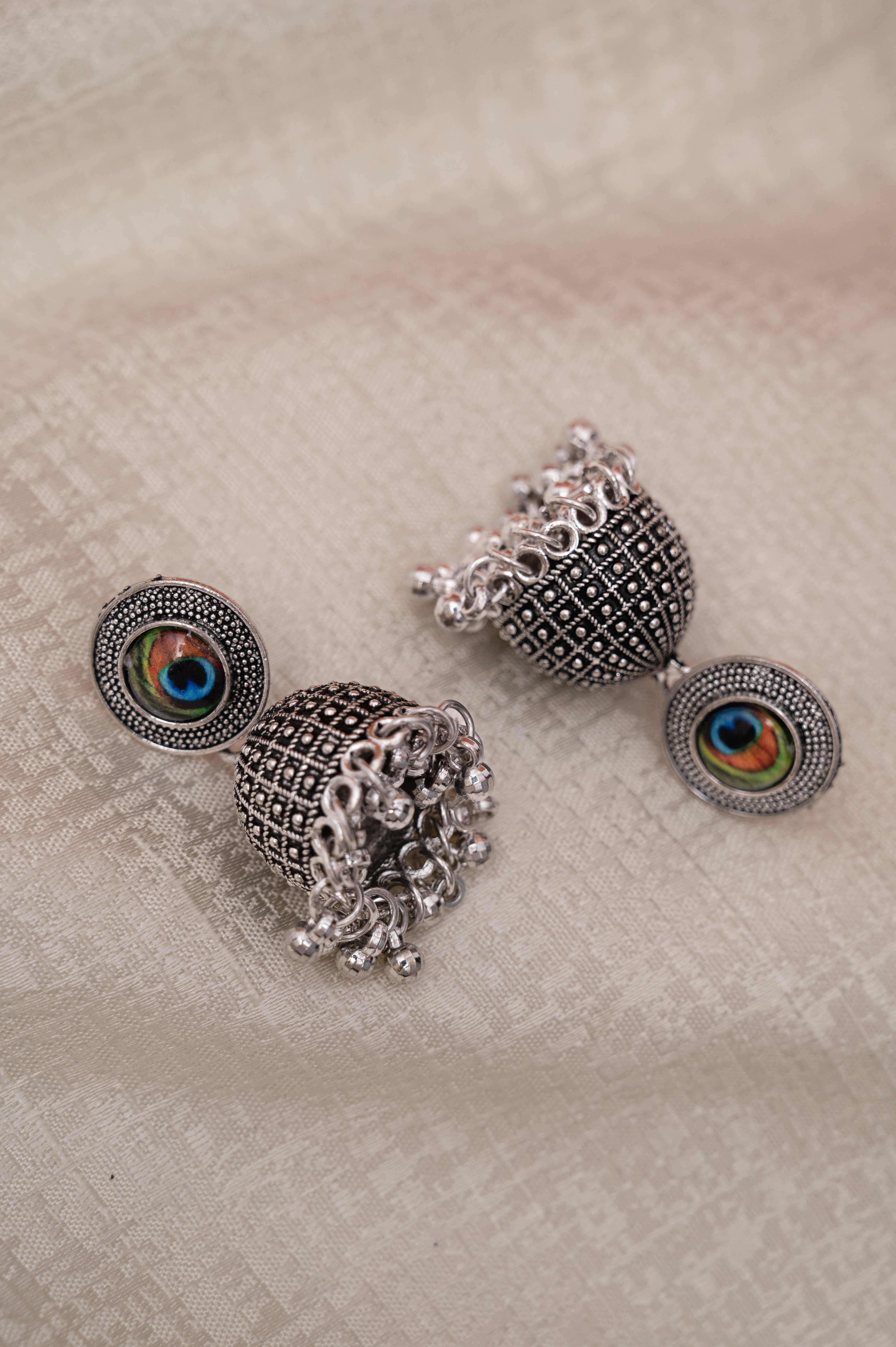 Peacock Eye Oxidized Jhumka Earrings