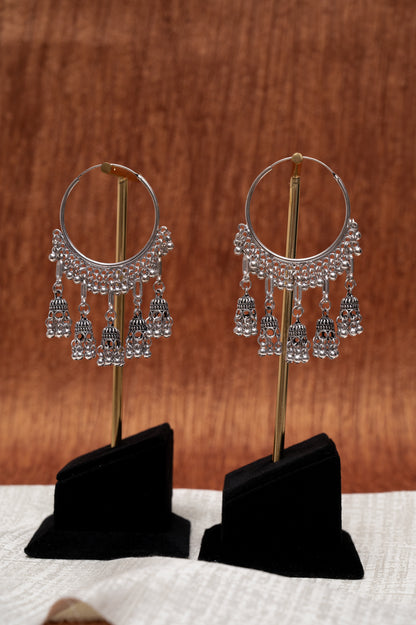 Oxidized Silver Multi-Jhumka Hoop Earrings