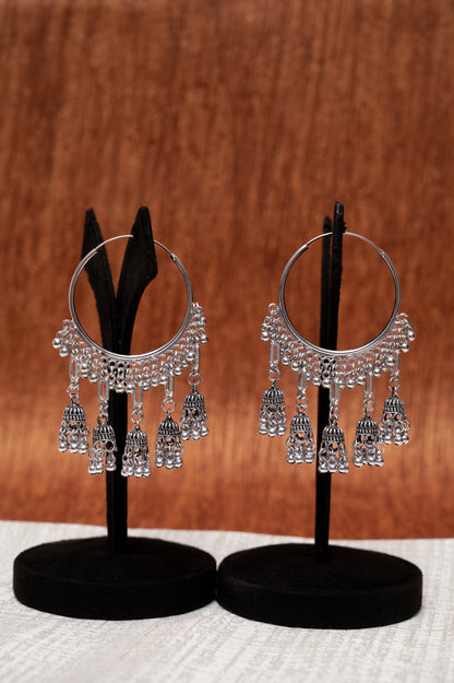 Oxidized Silver Multi-Jhumka Hoop Earrings