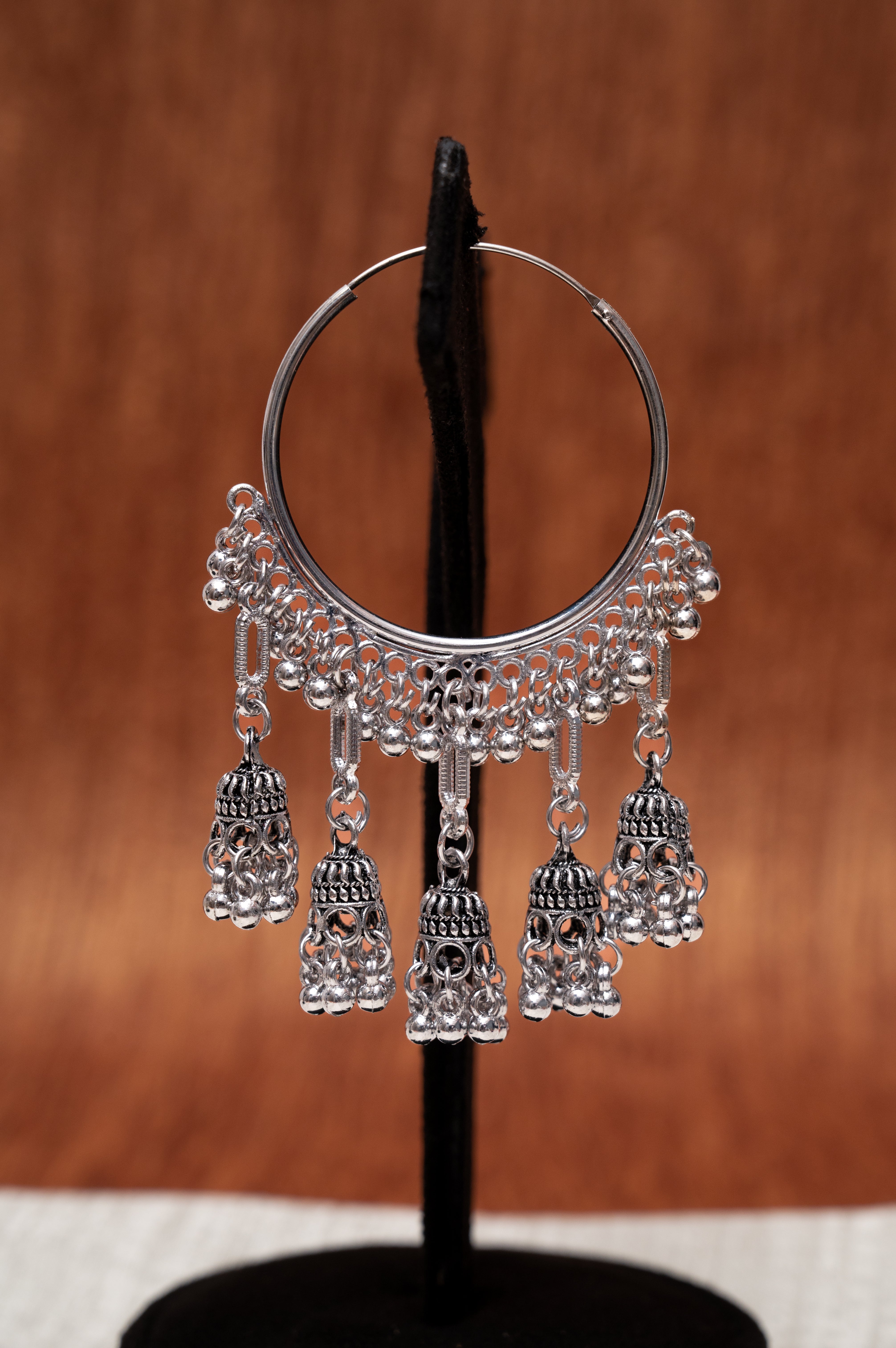 Oxidized Silver Multi-Jhumka Hoop Earrings