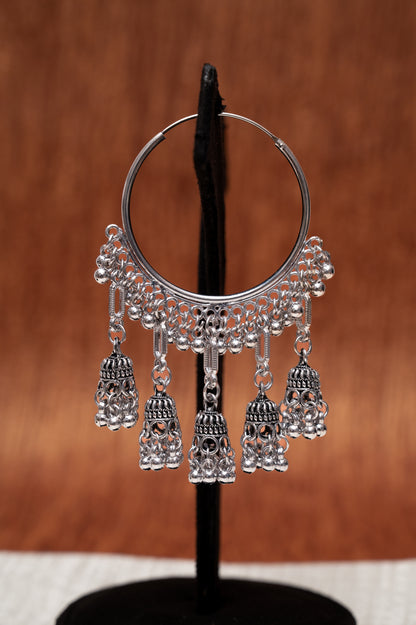 Oxidized Silver Multi-Jhumka Hoop Earrings