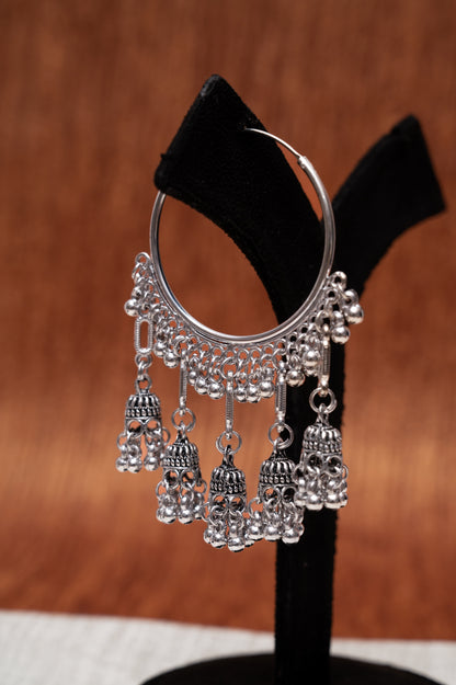 Oxidized Silver Multi-Jhumka Hoop Earrings