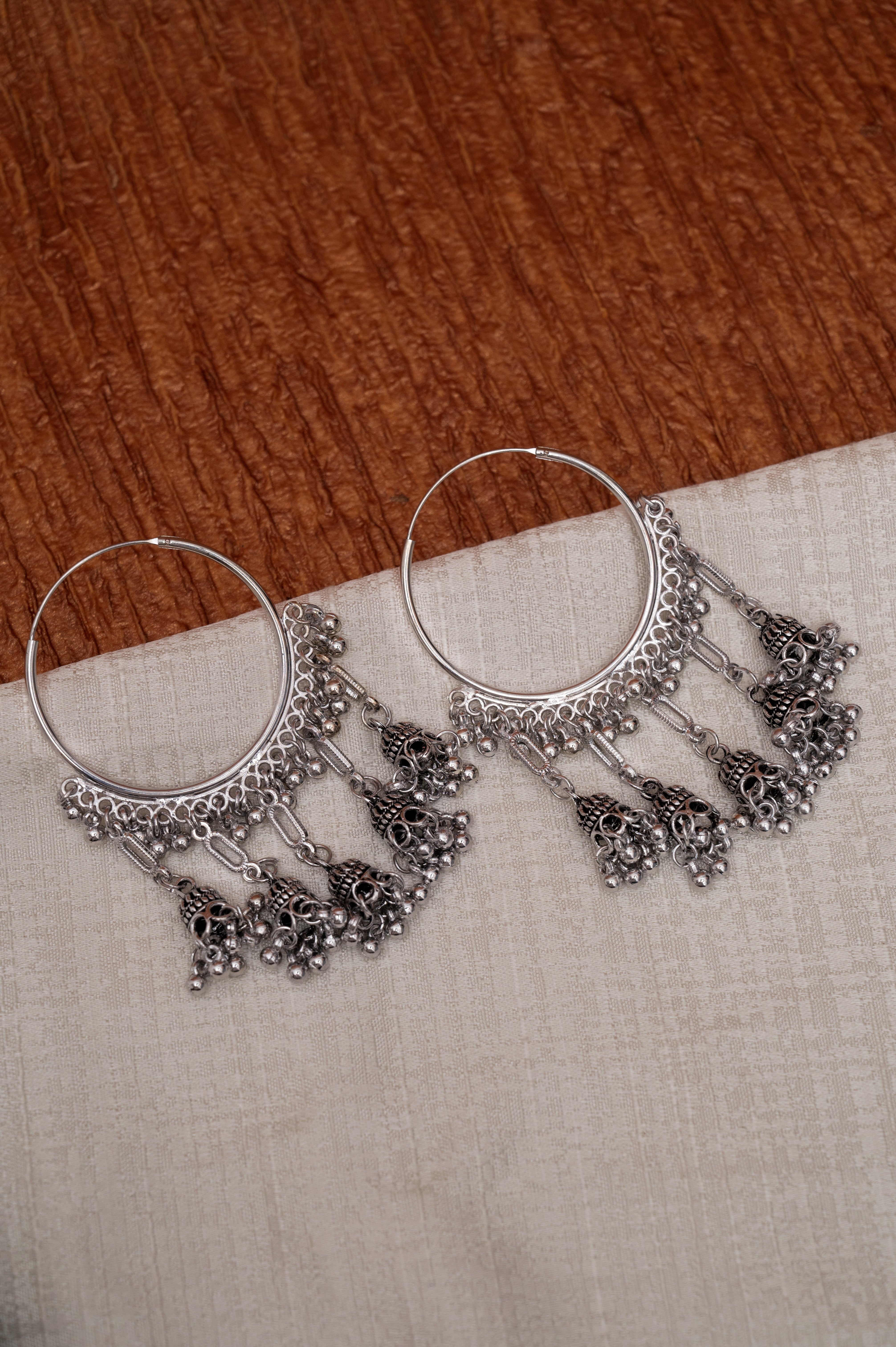 Oxidized Silver Multi-Jhumka Hoop Earrings
