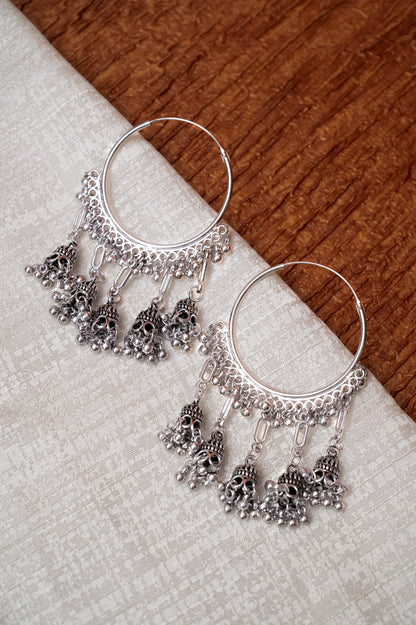 Oxidized Silver Multi-Jhumka Hoop Earrings
