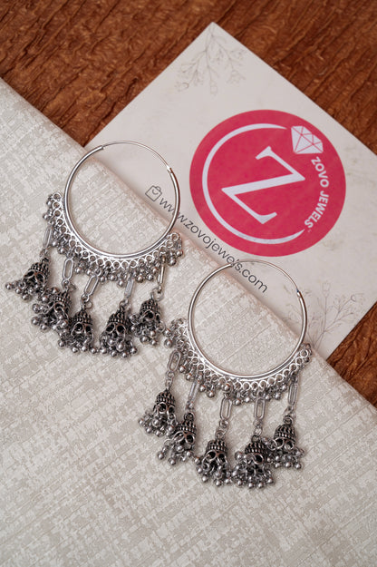 Oxidized Silver Multi-Jhumka Hoop Earrings