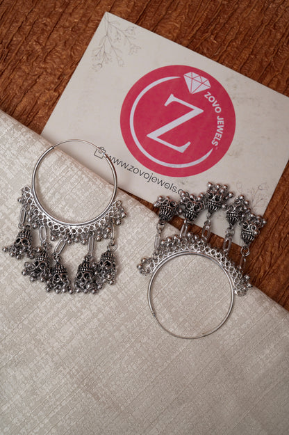 Oxidized Silver Multi-Jhumka Hoop Earrings