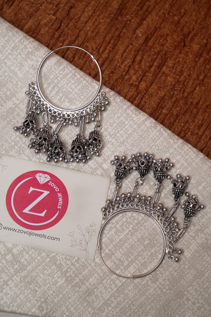 Oxidized Silver Multi-Jhumka Hoop Earrings