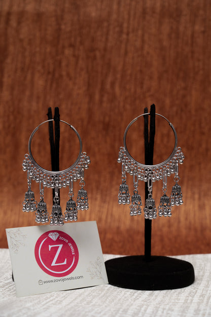Oxidized Silver Multi-Jhumka Hoop Earrings
