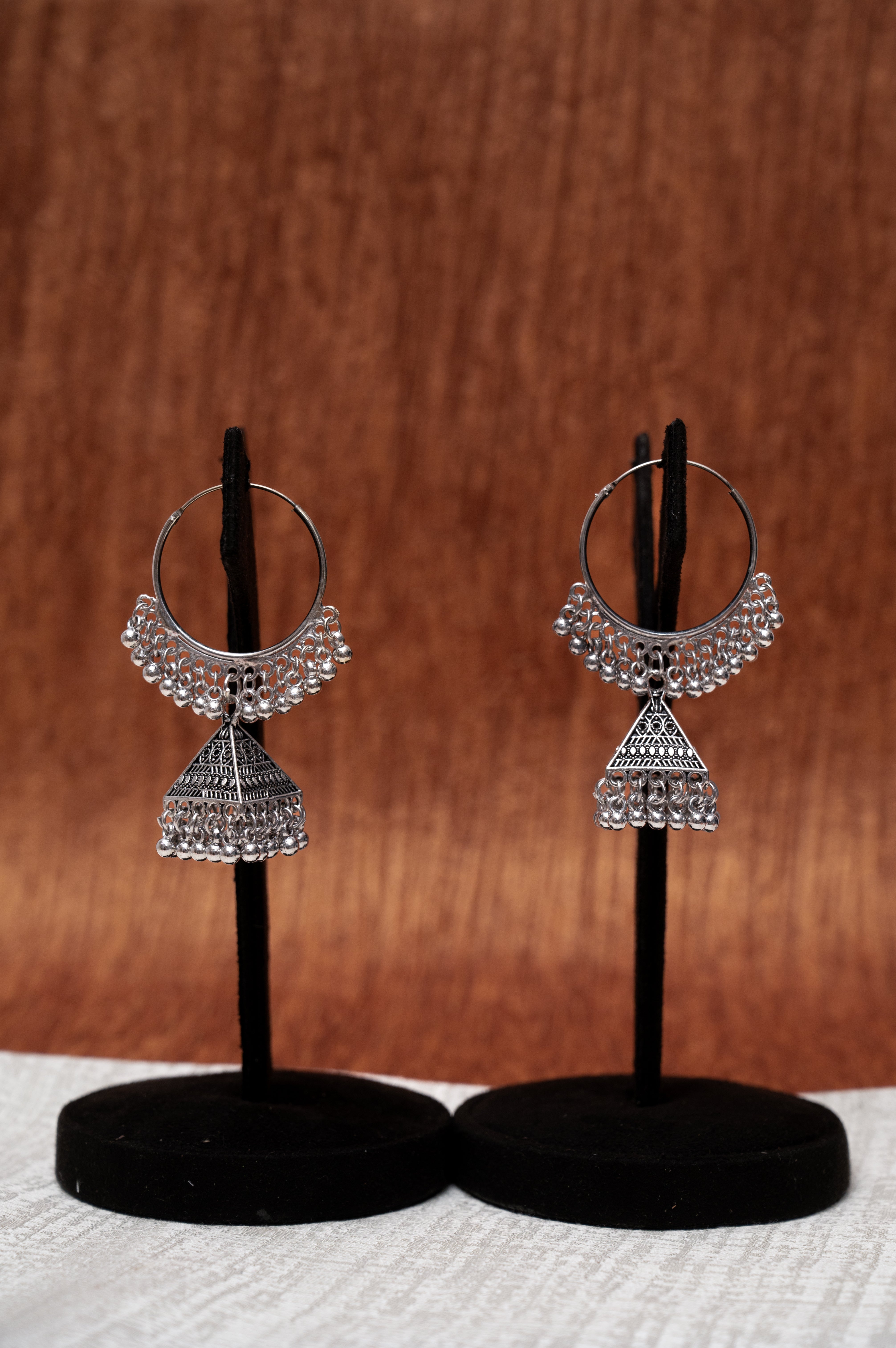 Oxidized Silver Hoop Jhumka Earrings