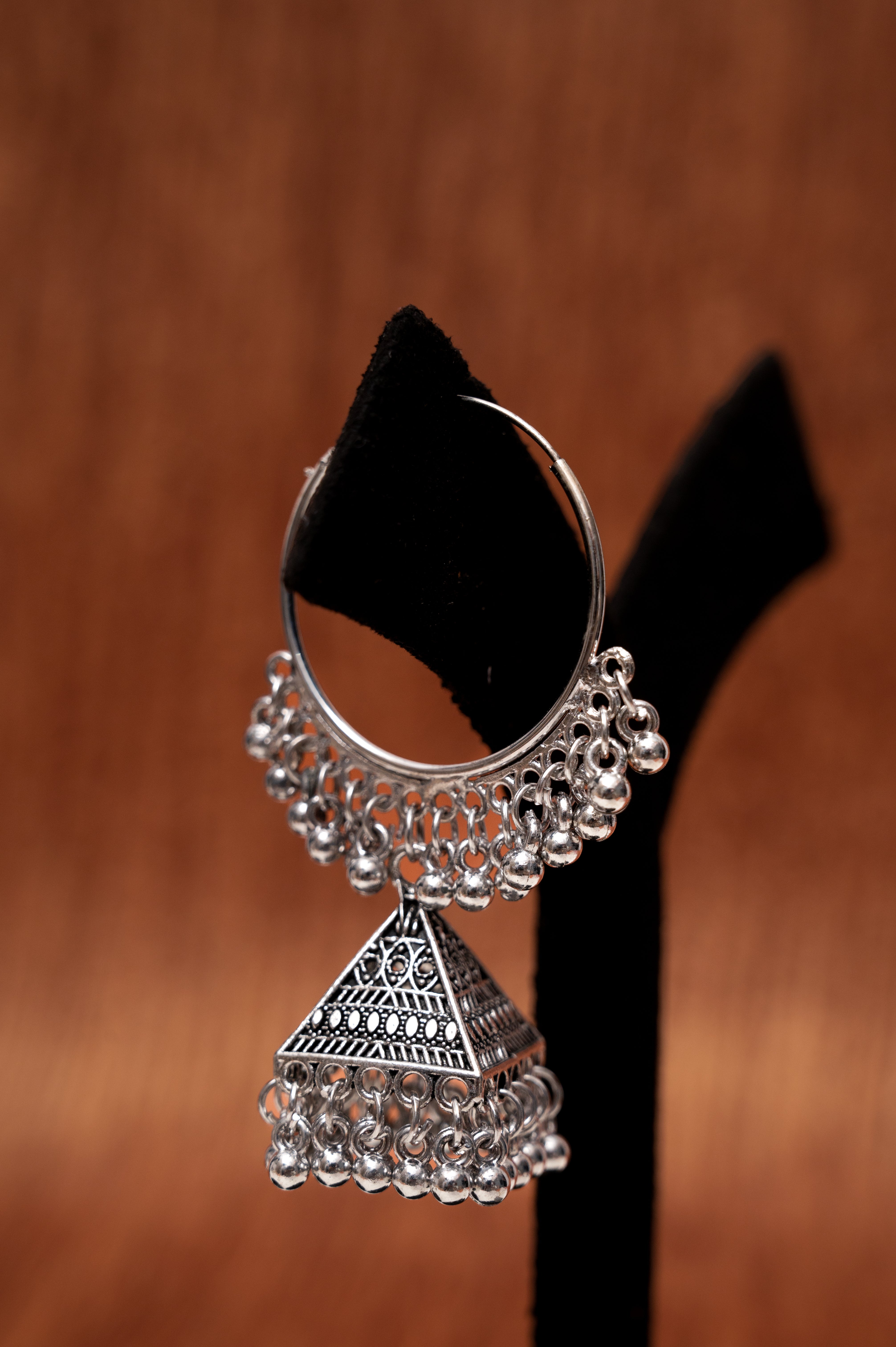 Oxidized Silver Hoop Jhumka Earrings