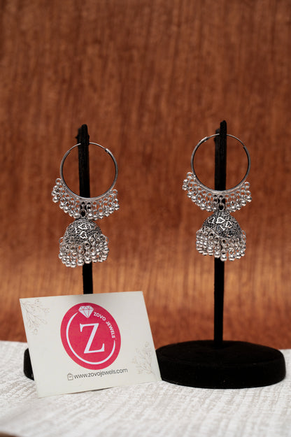 Oxidized Silver Dome Jhumka Hoop Earrings