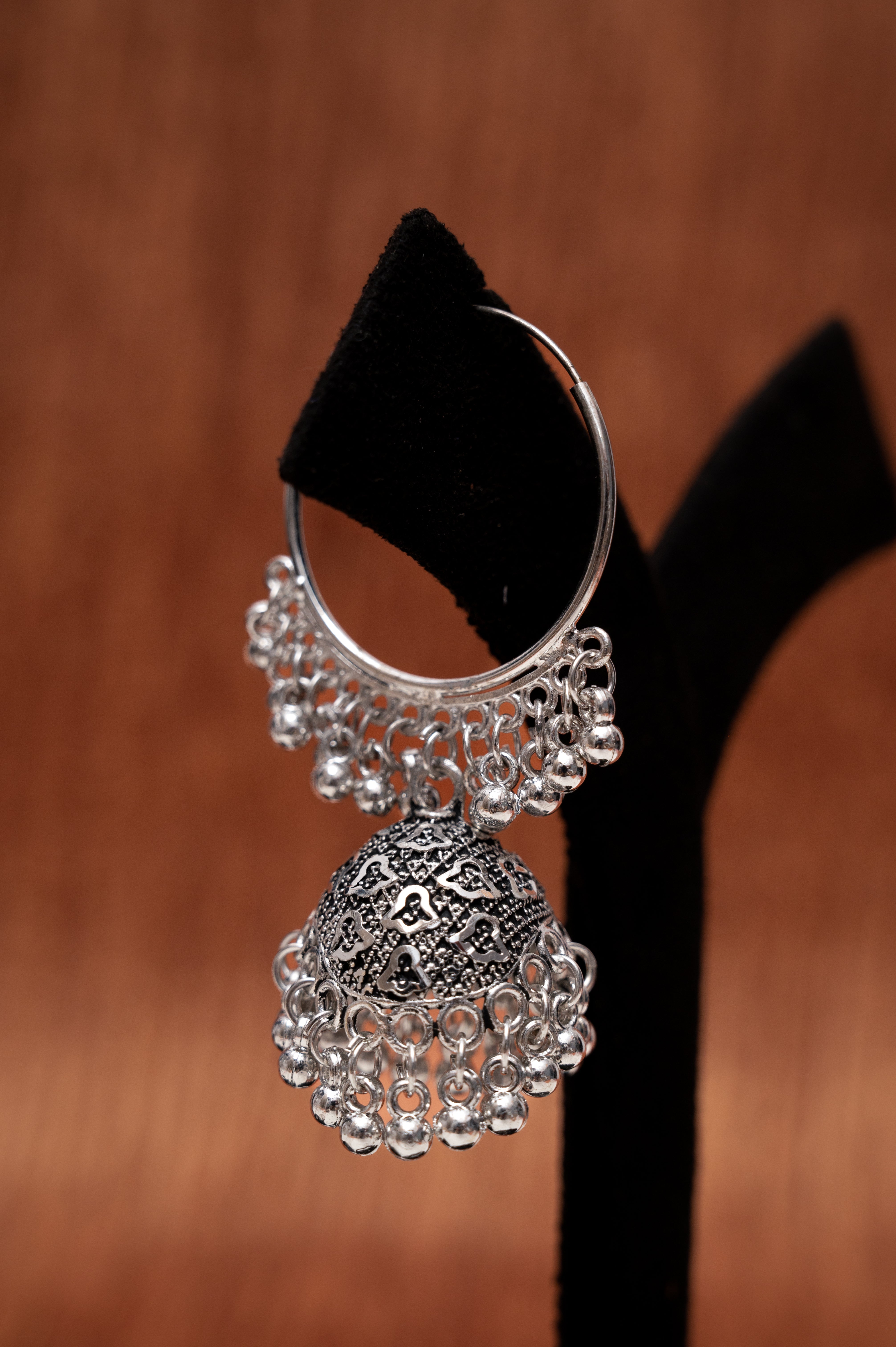 Oxidized Silver Dome Jhumka Hoop Earrings