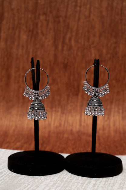 Oxidized Silver Dome Jhumka Hoop Earrings