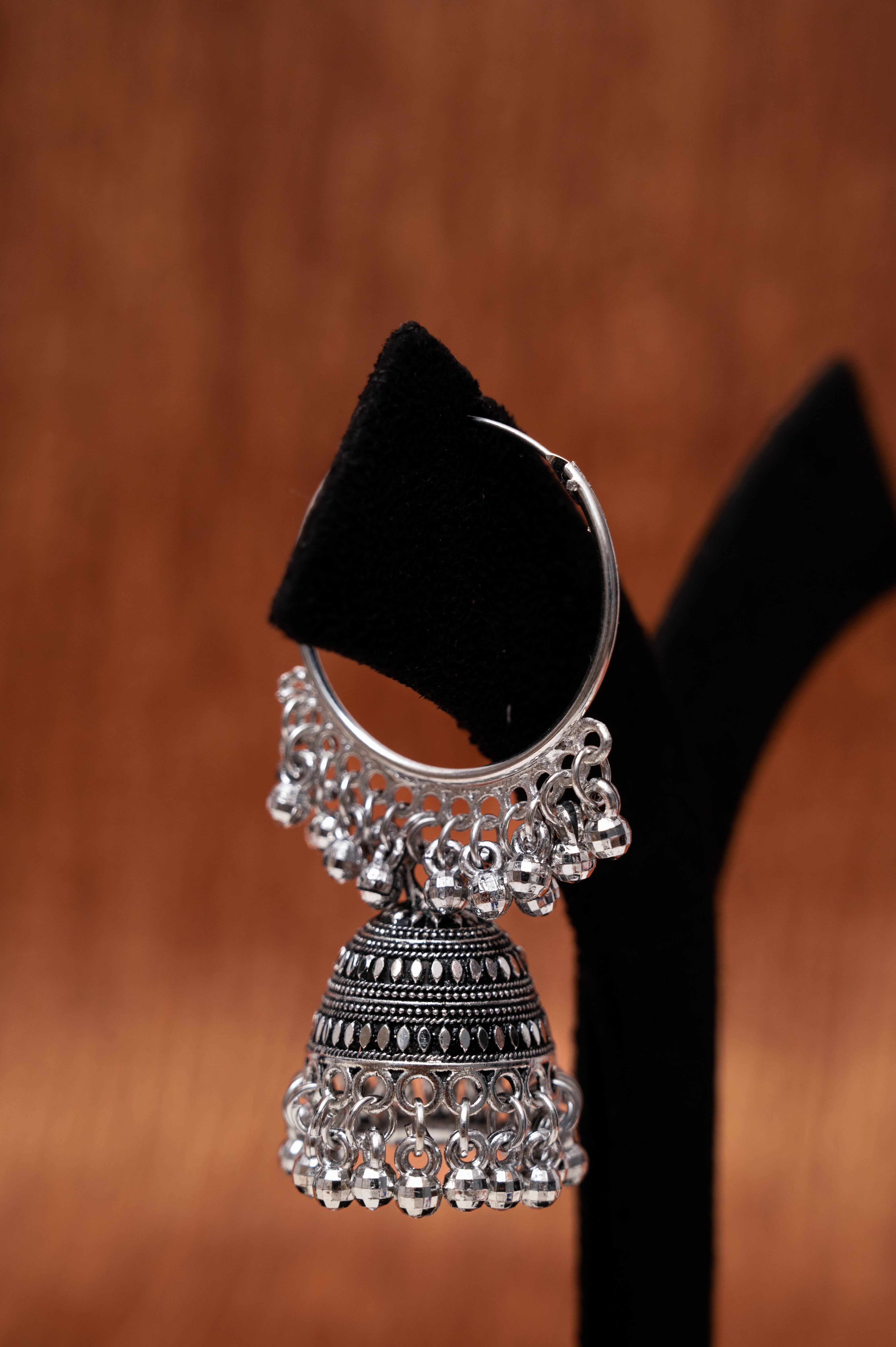 Oxidized Silver Dome Jhumka Hoop Earrings