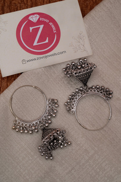 Oxidized Silver Hoop Jhumka Earrings