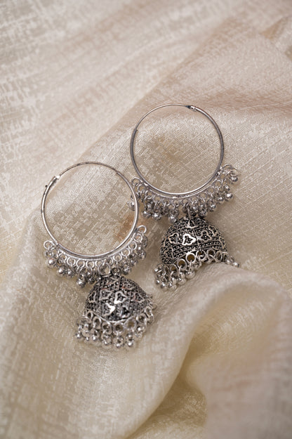 Oxidized Silver Dome Jhumka Hoop Earrings