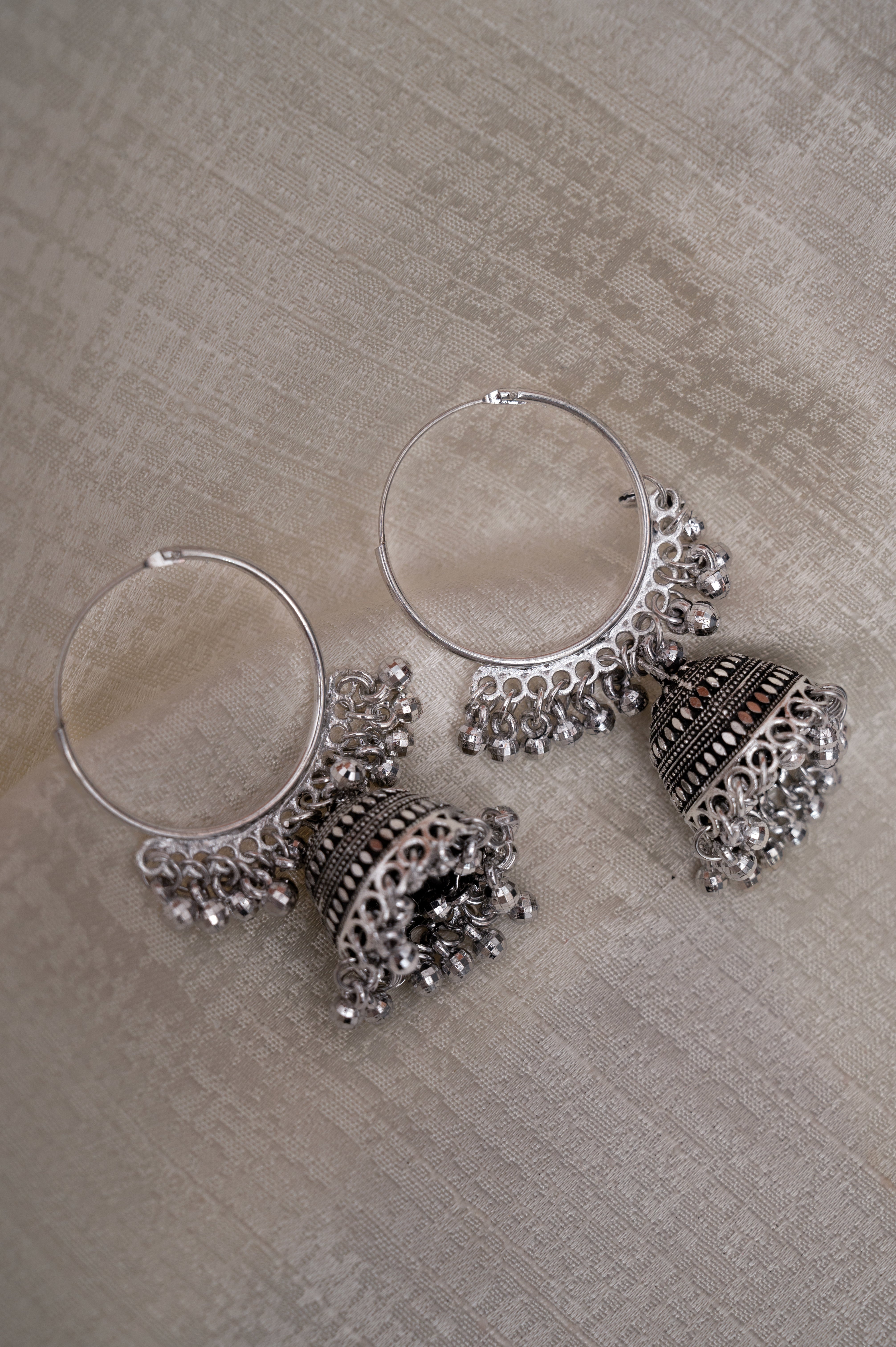 Oxidized Silver Dome Jhumka Hoop Earrings