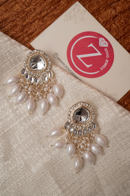 Royal White Kundan Pearl Drop Earrings
