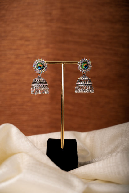 Jhumka Earrings with Peacock Feather Stud Design