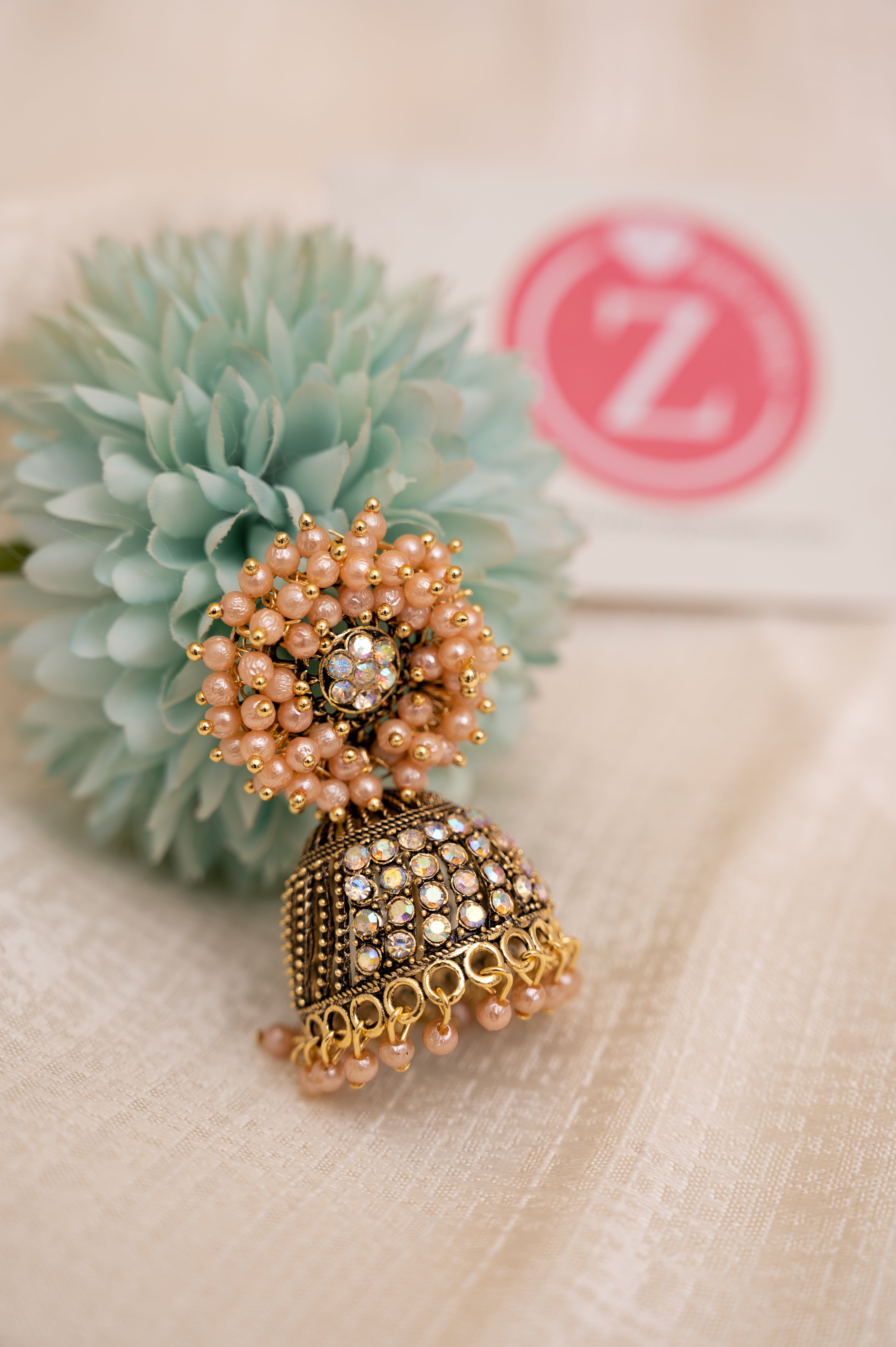 Peach Color Earring Set, Jhumki Earring
