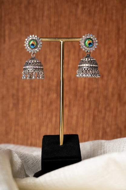 Jhumka Earrings with Peacock Feather Stud Design