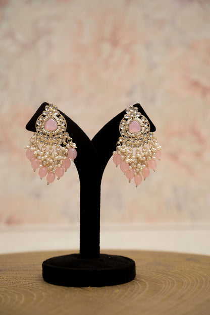 ELEGANT POLKI EARRINGS WITH DROP PEARLS Brass Earring Set, Jhumki Earring ZJ110-13 Pink