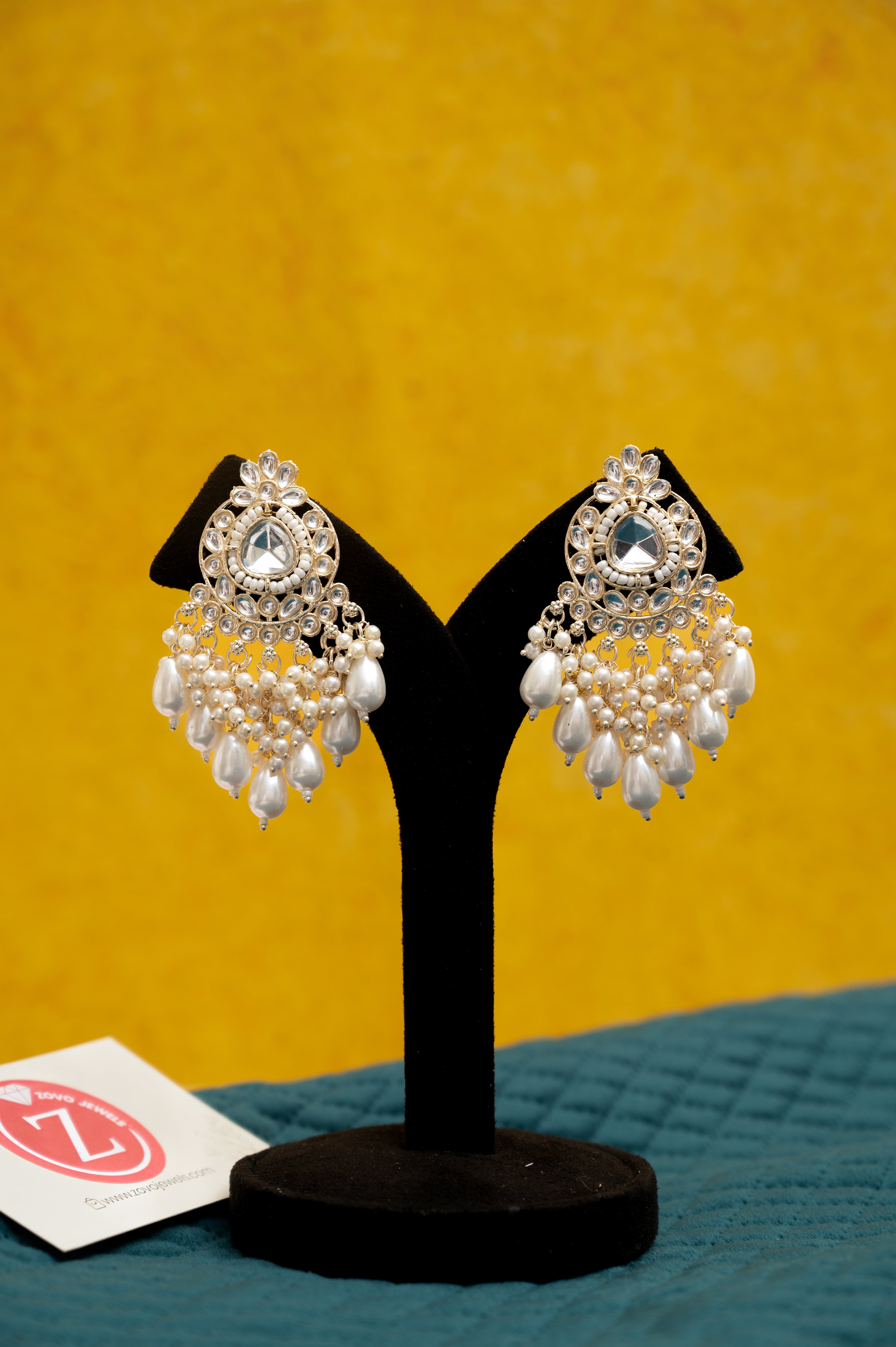 ELEGANT POLKI EARRINGS WITH DROP PEARLS Brass Earring Set, Jhumki Earring ZJ110-13 Silver