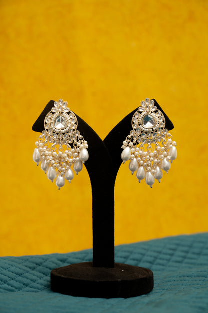 ELEGANT POLKI EARRINGS WITH DROP PEARLS Brass Earring Set, Jhumki Earring ZJ110-13 Silver