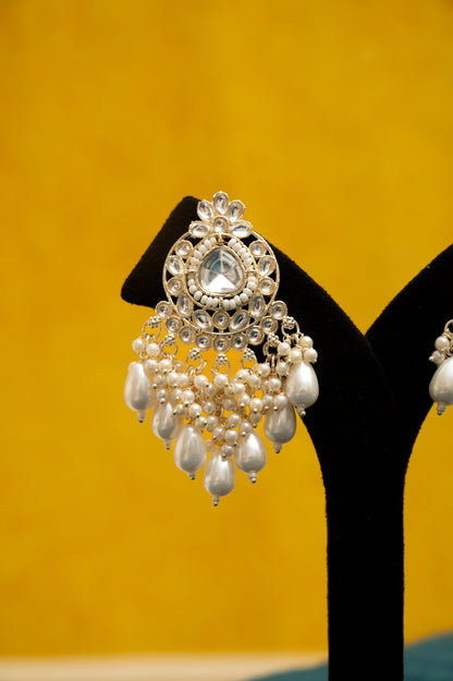 ELEGANT POLKI EARRINGS WITH DROP PEARLS Brass Earring Set, Jhumki Earring ZJ110-13 Silver