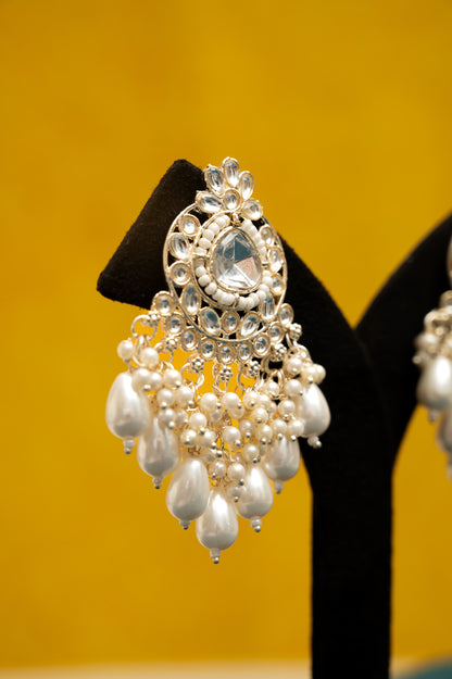 ELEGANT POLKI EARRINGS WITH DROP PEARLS Brass Earring Set, Jhumki Earring ZJ110-13 Silver
