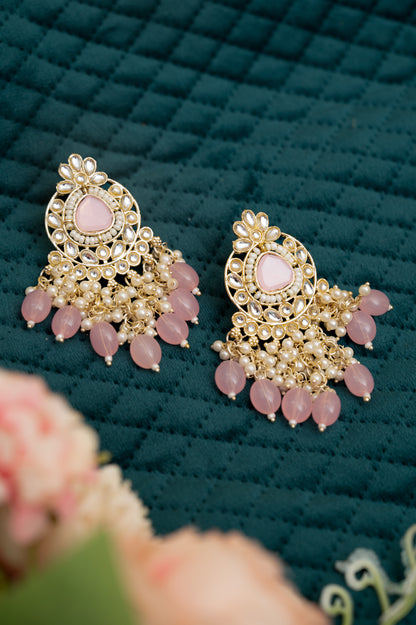 ELEGANT POLKI EARRINGS WITH DROP PEARLS Brass Earring Set, Jhumki Earring ZJ110-13 Pink
