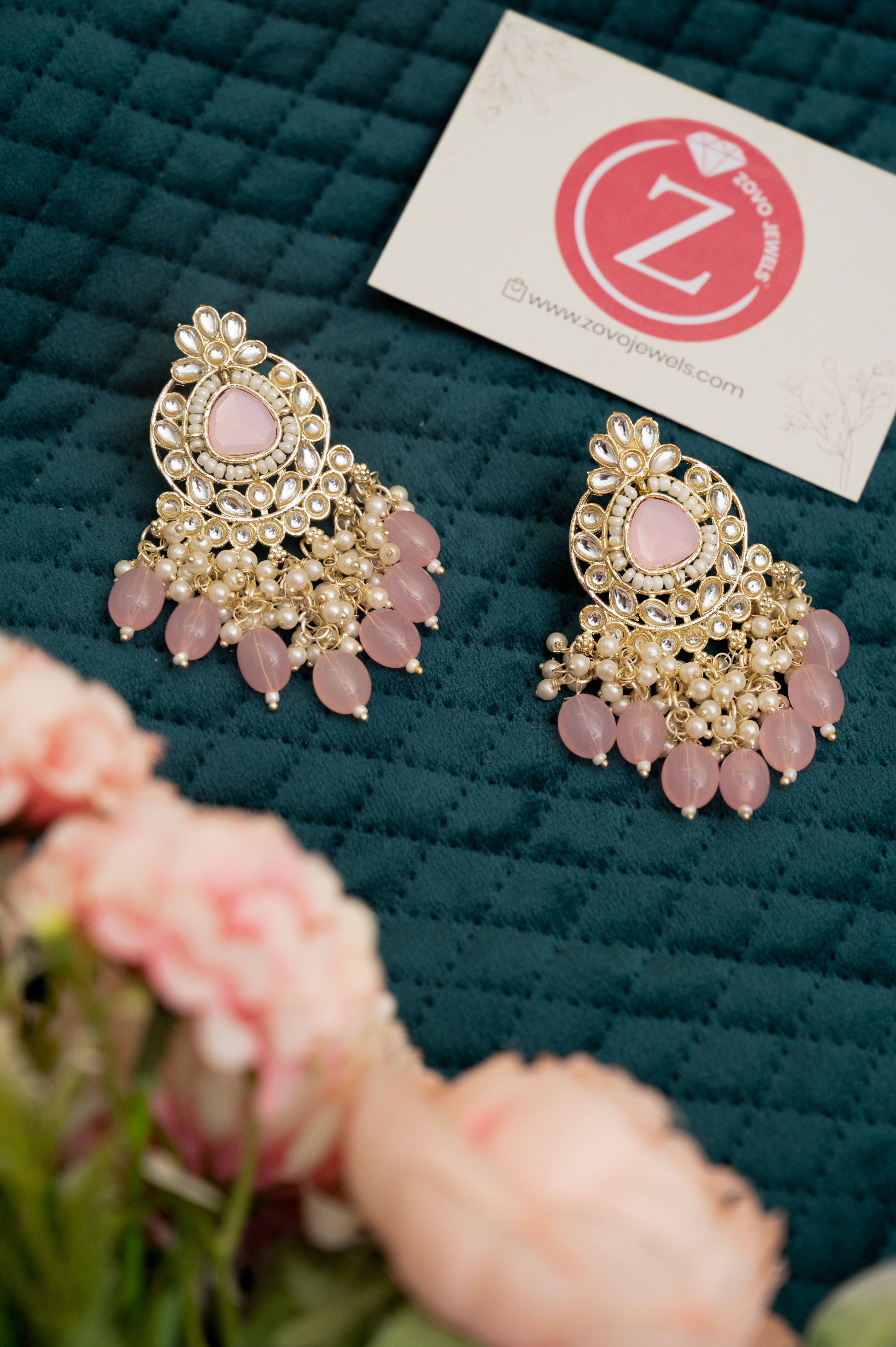 ELEGANT POLKI EARRINGS WITH DROP PEARLS Brass Earring Set, Jhumki Earring ZJ110-13 Pink