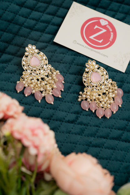 ELEGANT POLKI EARRINGS WITH DROP PEARLS Brass Earring Set, Jhumki Earring ZJ110-13 Pink