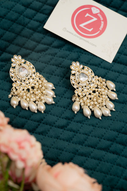 ELEGANT POLKI EARRINGS WITH DROP PEARLS Brass Earring Set, Jhumki Earring ZJ110-13 Silver