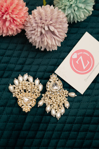 ELEGANT POLKI EARRINGS WITH DROP PEARLS Brass Earring Set, Jhumki Earring ZJ110-13 Silver