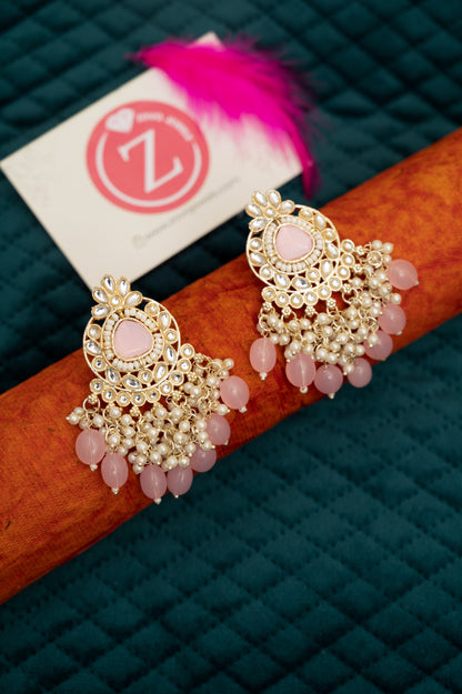 ELEGANT POLKI EARRINGS WITH DROP PEARLS Brass Earring Set, Jhumki Earring ZJ110-13 Pink