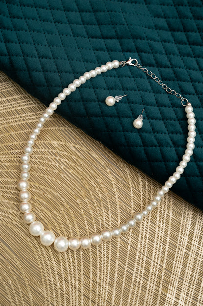Classic White Pearl Necklace & Stud Earrings Set