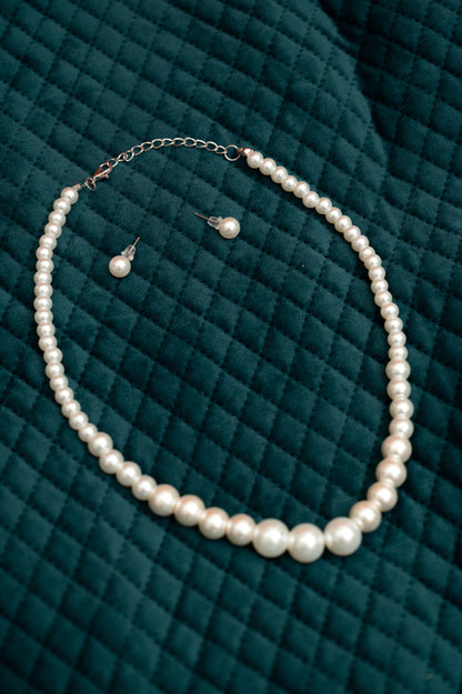 Classic White Pearl Necklace & Stud Earrings Set