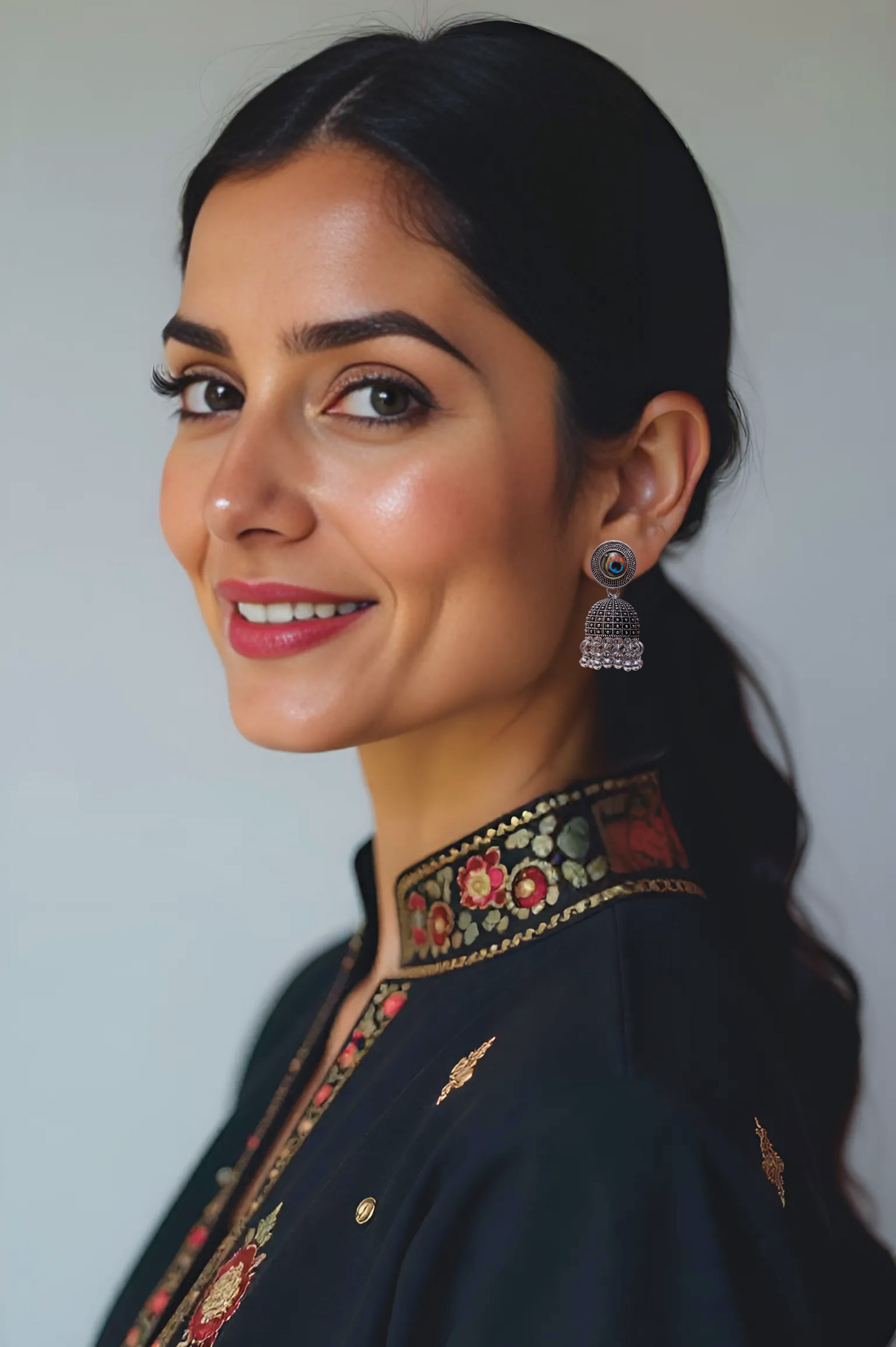 Peacock Eye Oxidized Jhumka Earrings