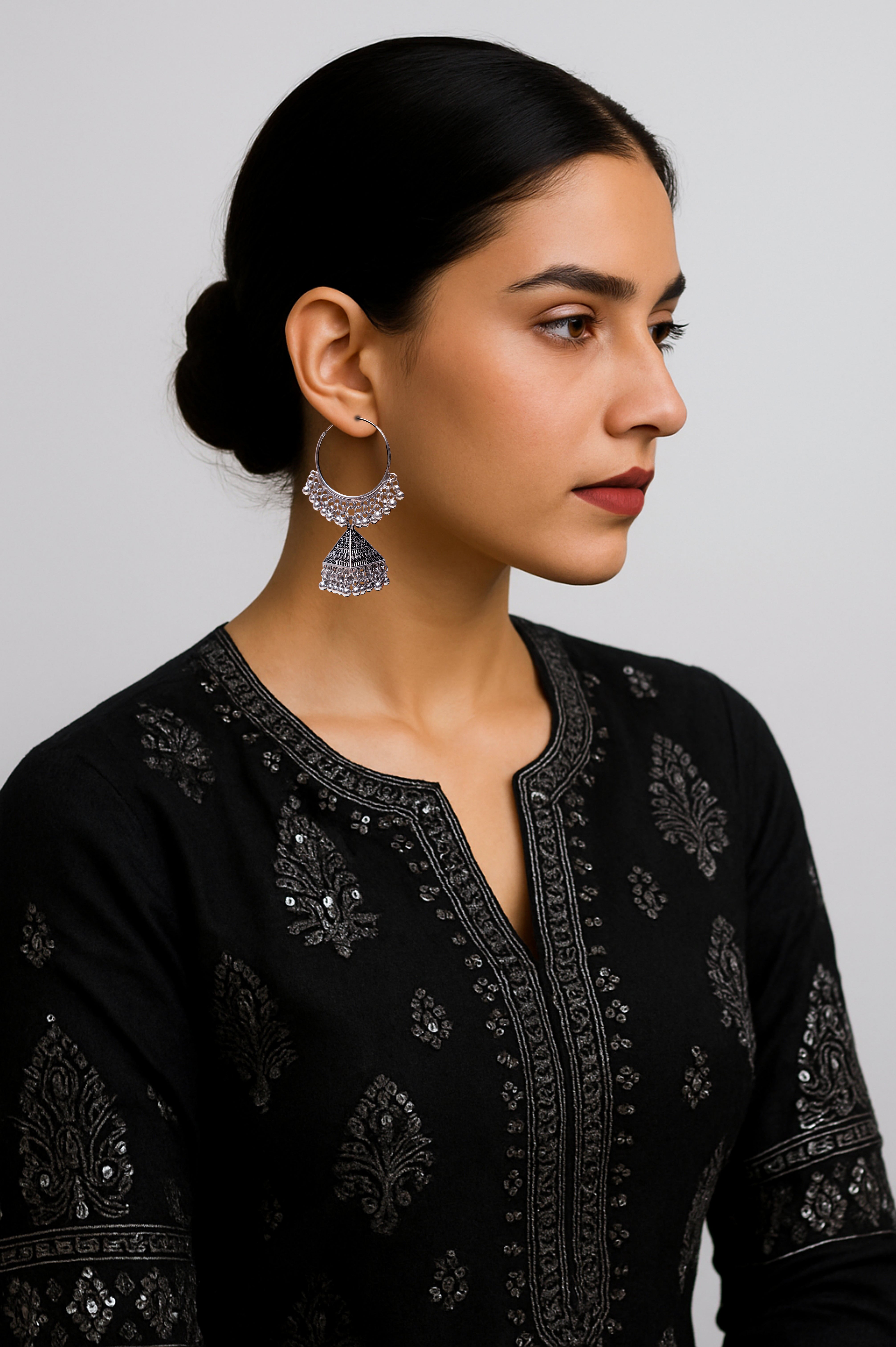 Oxidized Silver Hoop Jhumka Earrings