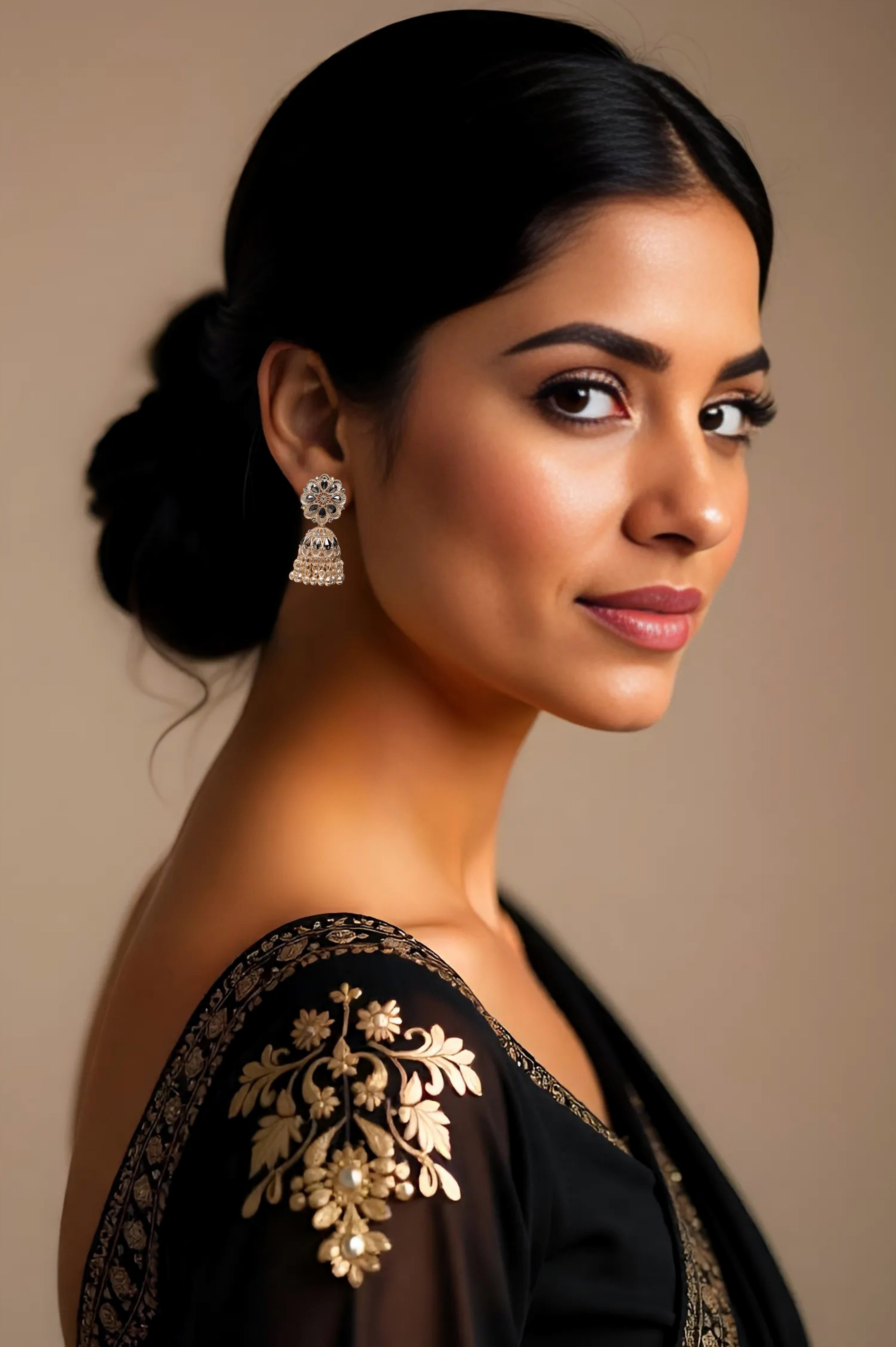 Rose Gold With Black Stone Jhumka Earrings