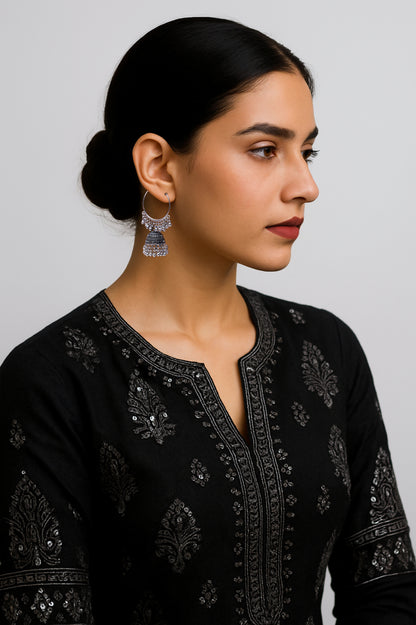 Oxidized Silver Dome Jhumka Hoop Earrings