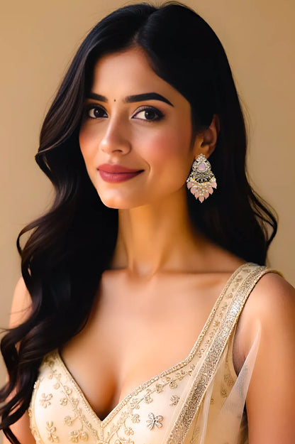 ELEGANT POLKI EARRINGS WITH DROP PEARLS Brass Earring Set, Jhumki Earring ZJ110-13 Pink