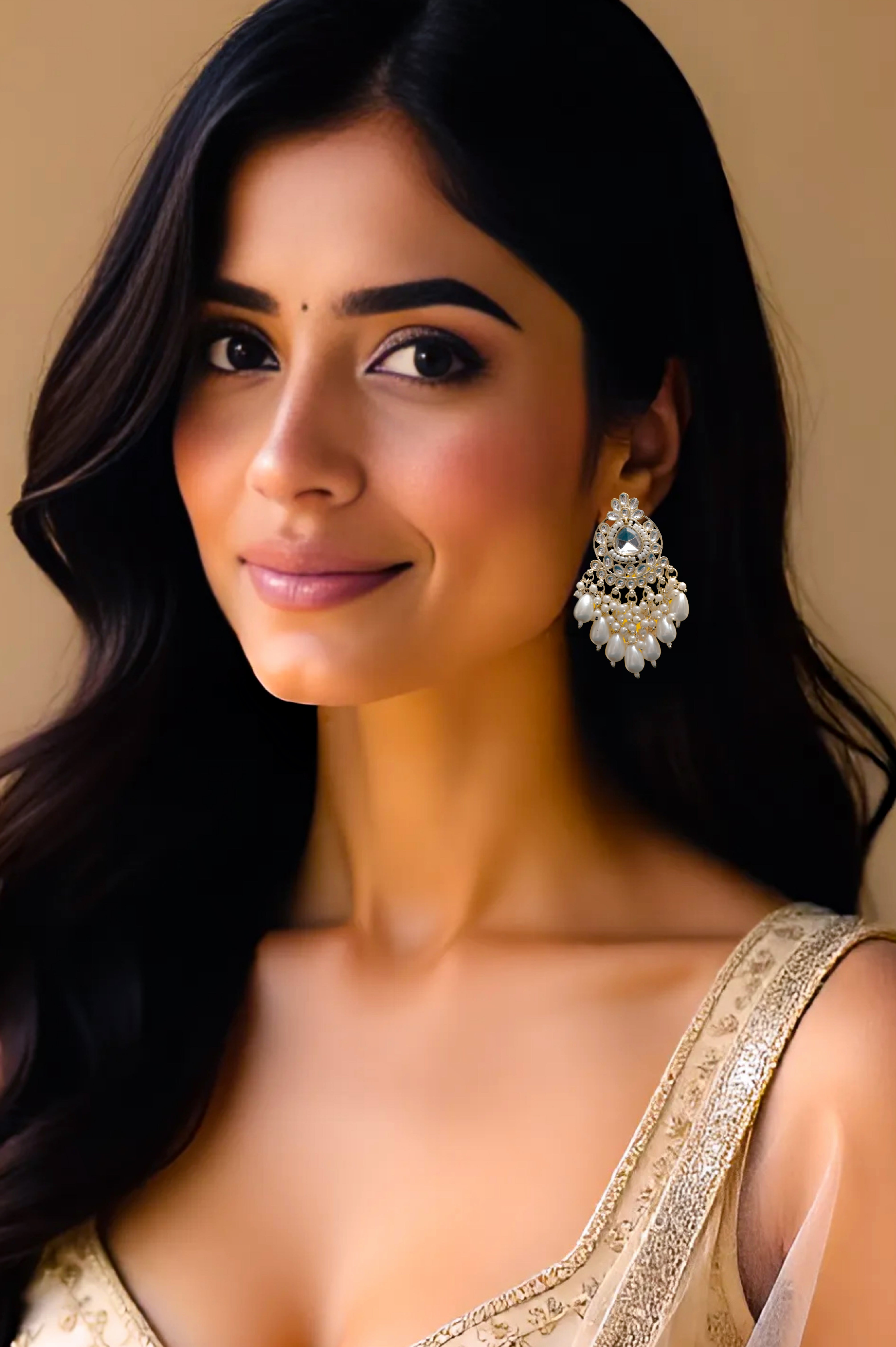 ELEGANT POLKI EARRINGS WITH DROP PEARLS Brass Earring Set, Jhumki Earring ZJ110-13 Silver